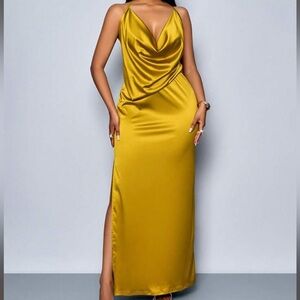 Satin Cowl-Neck Maxi Dress in Mustard Gold